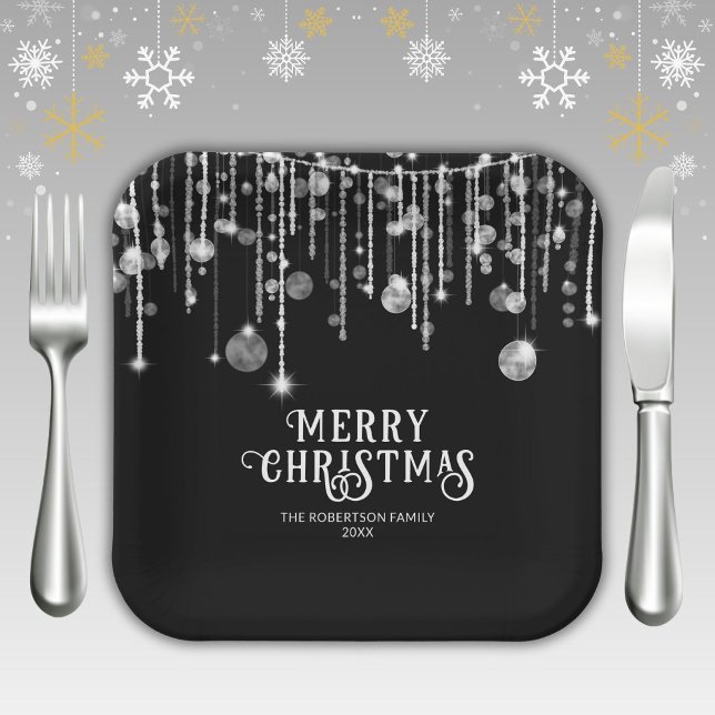 Black and White String Lights Christmas Party Paper Plates (Creator Uploaded)