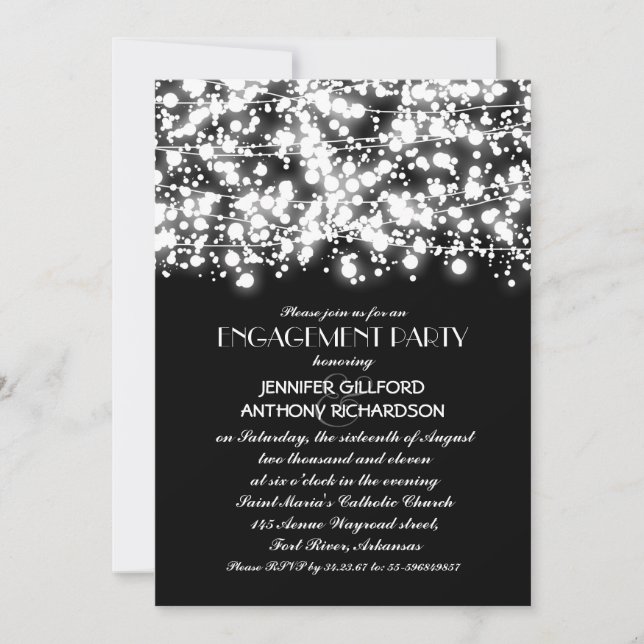 black and white string lights engagement party invitation (Front)
