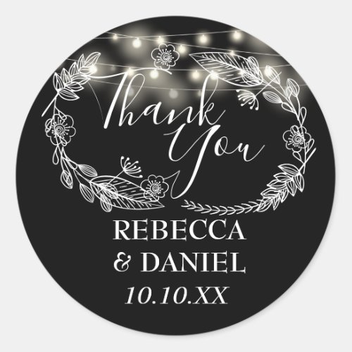 Black And White String Lights Floral Thank You Classic Round Sticker