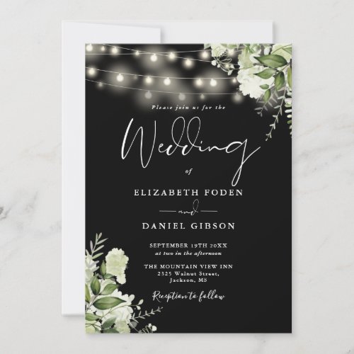 Black And White String Lights Floral Wedding Invitation