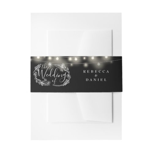 Black And White String Lights Floral Wedding Invitation Belly Band