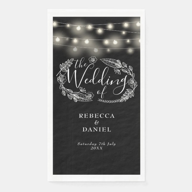 Black And White String Lights Floral Wedding Paper Guest Towels (Front)