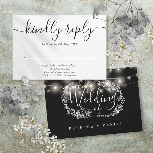 Black And White String Lights Floral Wedding RSVP Card