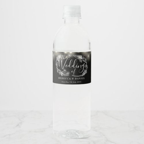 Black And White String Lights Floral Wedding Water Bottle Label