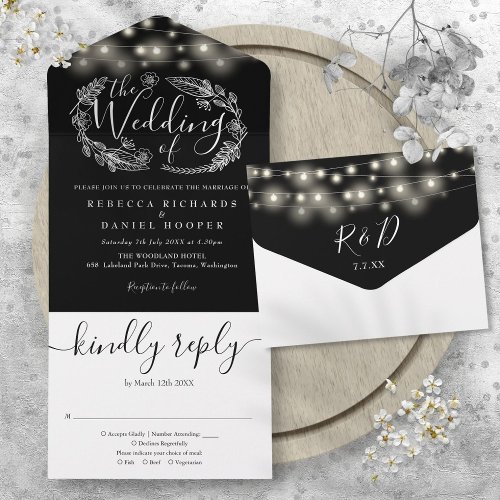 Black And White String Lights Foliage Wedding All In One Invitation