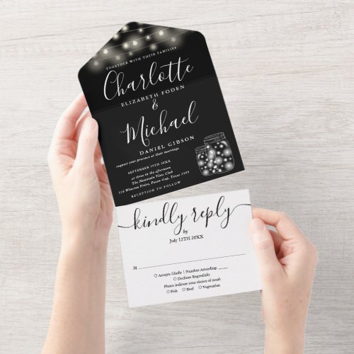 Black And White String Lights Mason Jars Wedding All In One Invitation