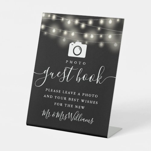 Black And White String Lights Photo Guest Book Pedestal Sign