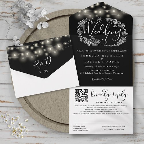 Black And White String Lights QR Code Wedding All In One Invitation