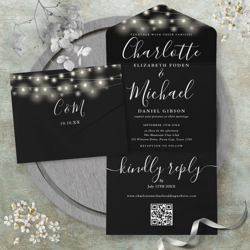Black And White String Lights QR Code Wedding  All In One Invitation