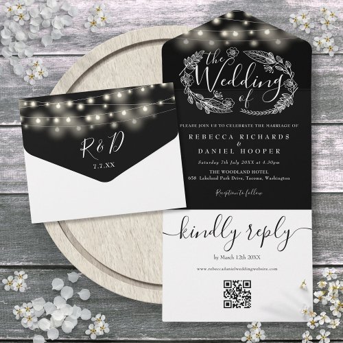 Black And White String Lights QR Code Wedding All In One Invitation
