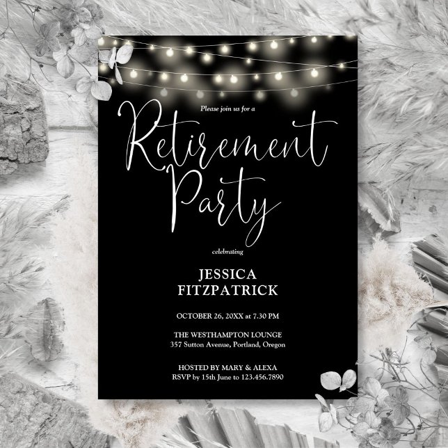 Black And White String Lights Retirement Party Invitation (Black And White String Lights Retirement Party Invitation)