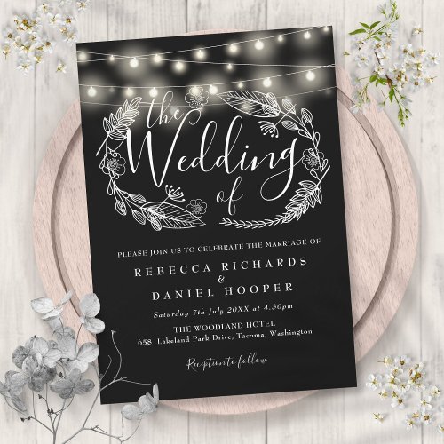 Black And White String Lights Script Wedding Invitation