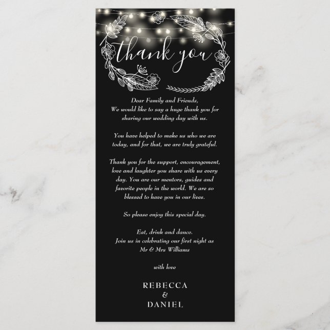 Black And White String Lights Thank You Place Card (Front)