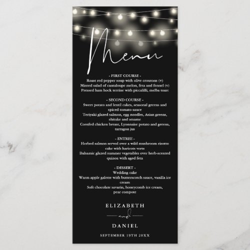 Black And White String Lights Wedding Dinner