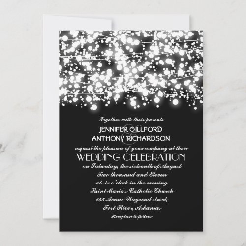 black and white string lights wedding invitations