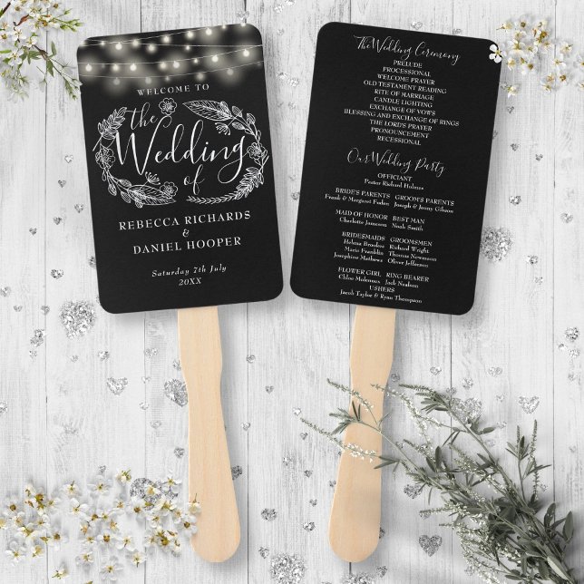 Black And White String Lights Wedding Program Hand Fan (Black And White String Lights Wedding Program Hand Fan)