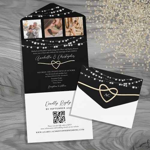 Black and White String Lights Wedding QR Code All In One Invitation