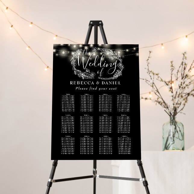 Black And White String Lights Wedding Seating Plan Foam Board (In Situ (Stand))
