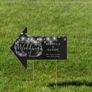 Black And White String Lights Wedding This Way Sign