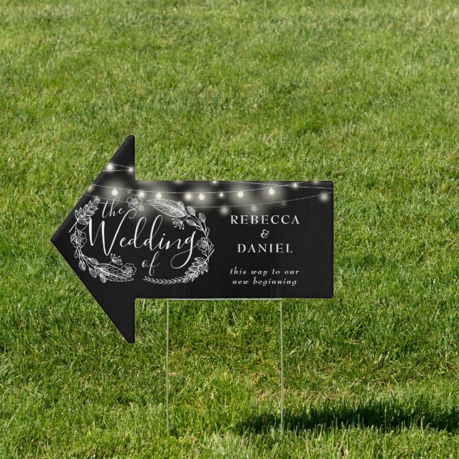 Black And White String Lights Wedding This Way Sign (Insitu)