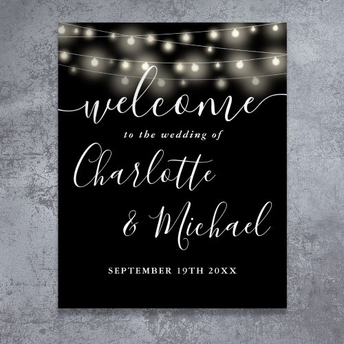 Black And White String Lights Wedding Welcome Sign