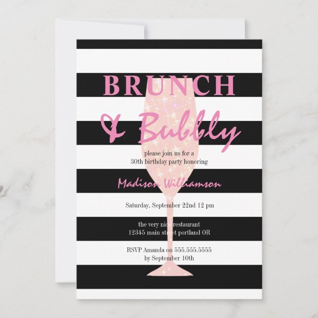 Black and White Strip | Pink Champagne Birthday Invitation (Front)