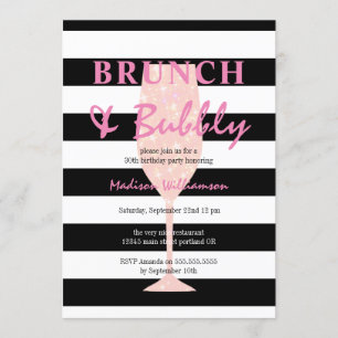 Black and White Strip Pink Champagne Birthday Invitation