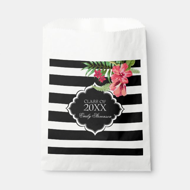 Black And White Stripe And Pink Flowers Favor Bag (Front)
