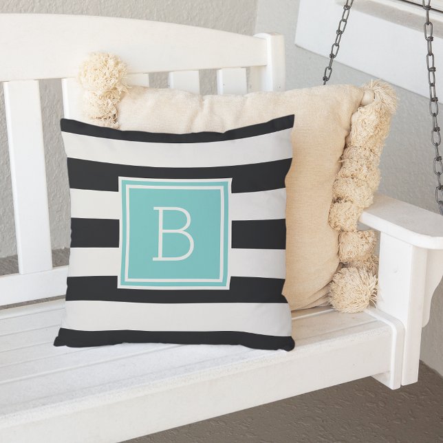 Black and White Stripe Aqua Monogram Outdoor Pillow (Creator Uploaded)