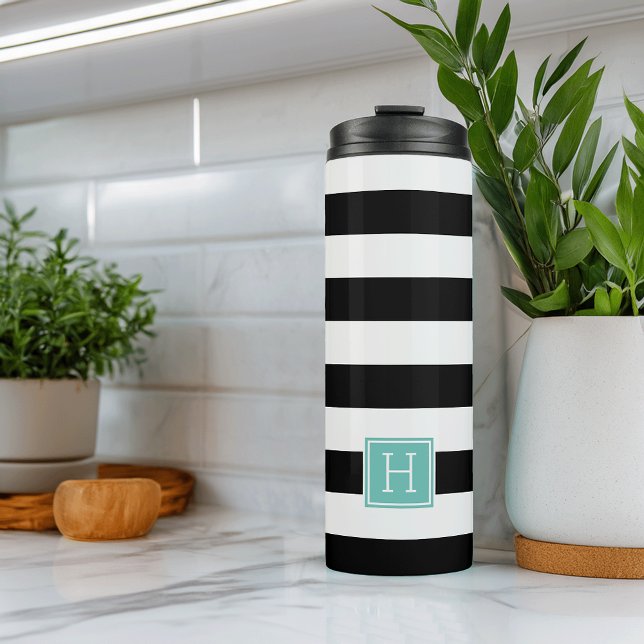 Black and White Stripe Aqua Monogram Thermal Tumbler (Creator Uploaded)