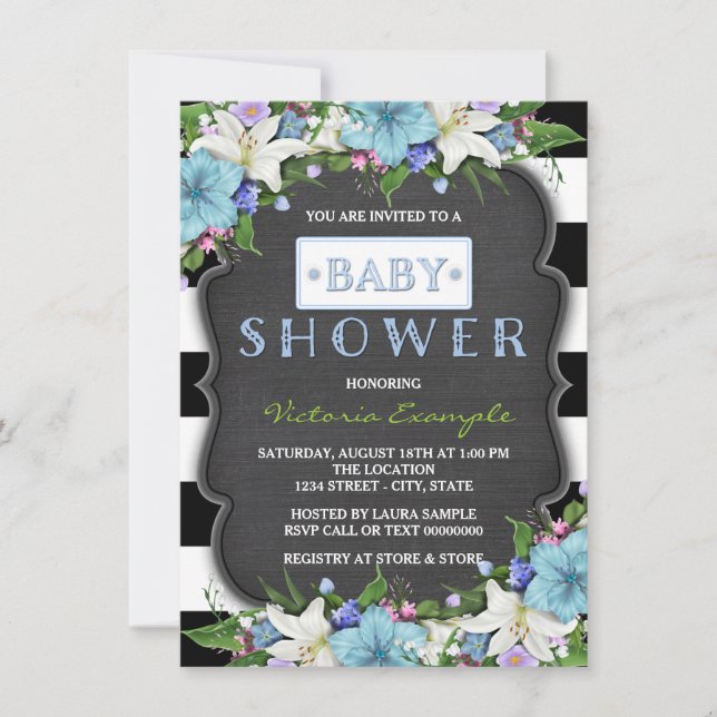 Black and White Stripe Boys Chalk Baby Shower Invitation (Front)