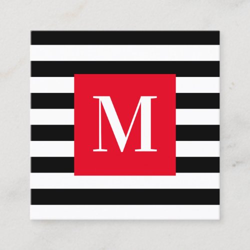 Black and White Stripe Bright Red Monogram Square Business Card