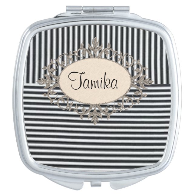 Black and White Stripe Compact Mirror (Front)