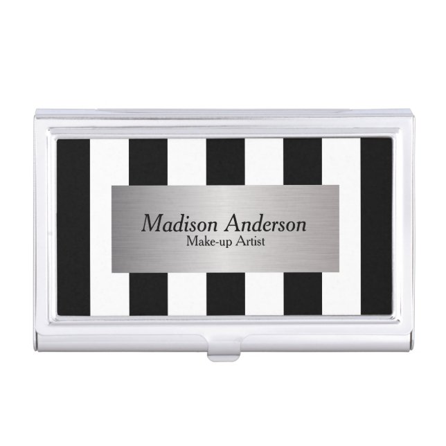 Black and White Stripe Design | Silver Label Business Card Holder (Front)