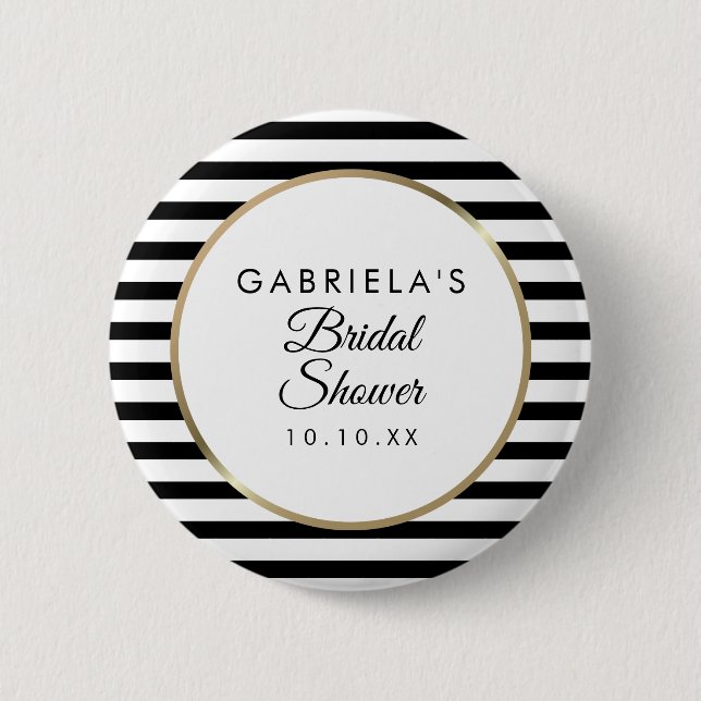 Black And White Stripe Elegant Gold Bridal Shower Button (Front)