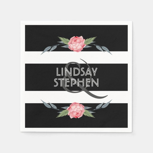 Black and White Stripe Elegant Pink Floral Wedding Napkins (Front)