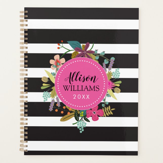 Black and White Stripe Floral Planner (Front)