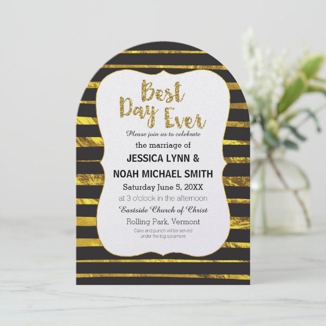 Black and White Stripe Gold  Best Day Ever Invitation (Standing Front)