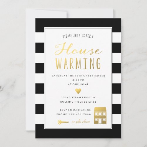 Black and White Stripe Gold Housewarming Party Invitation