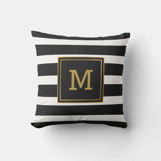 Black and White Stripe Gold Modern Monogram Throw Pillow (Front)