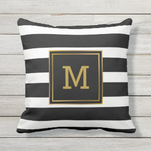 Black and White Stripe Gold Modern Monogram Throw Pillow