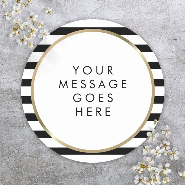 Black and White Stripe Gold Personalized Message Classic Round Sticker (Black and White Stripe Gold Personalized Message Classic Round Sticker)