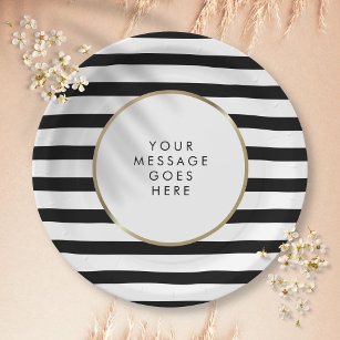 Black and White Stripe Gold Personalized Paper Plates