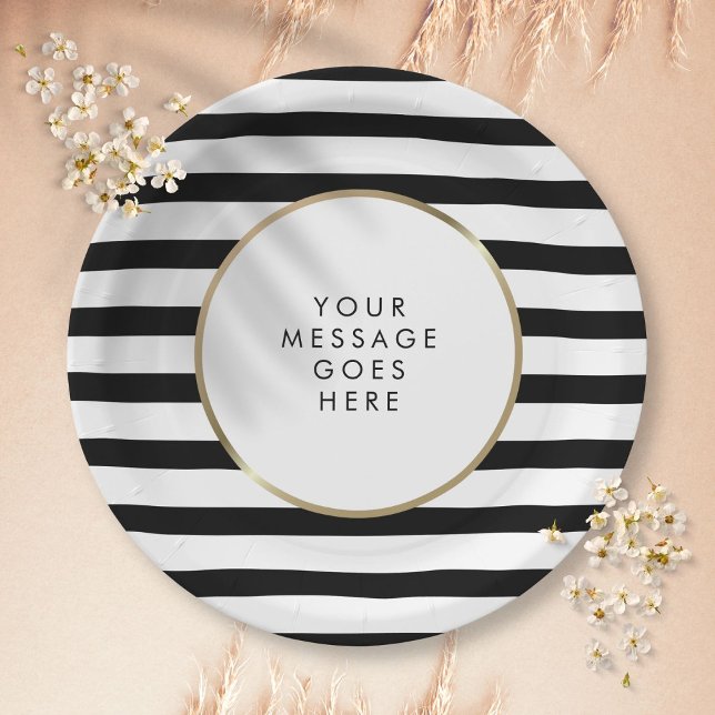 Black and White Stripe Gold Personalized Paper Plates (Black and White Stripe Gold Personalized Paper Plates)