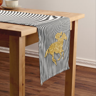 Black and White Stripe Gold Racehorse Short Table Runner