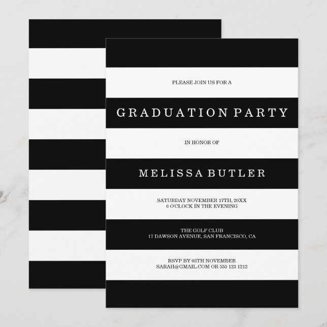 Black and White Stripe Graduation Invitation (Front/Back)