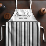 Black and White Stripe Modern Script Personalized  Apron<br><div class="desc">A simple,  modern,  personalized apron. This design has black and white vertical stripes with a stylish script text template for your name and classic style small type below for your location.</div>