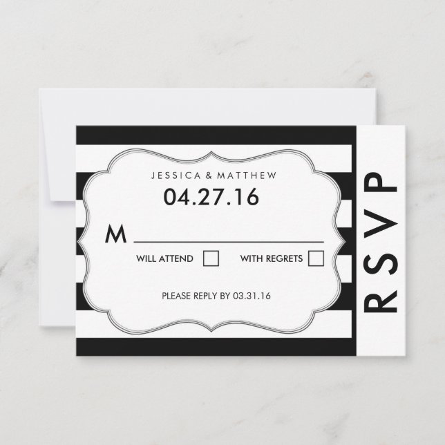 Black and White Stripe Modern Wedding RSVP Card (Front)