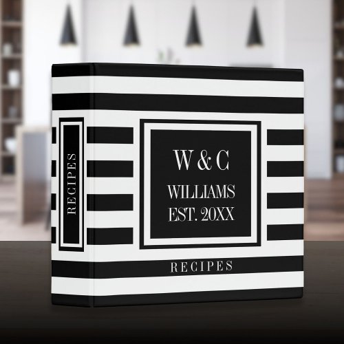 Black and White Stripe Monogram Name Recipes 3 Ring Binder