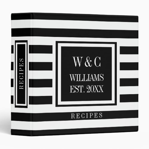 Black and White Stripe Monogram Name Recipes 3 Ring Binder